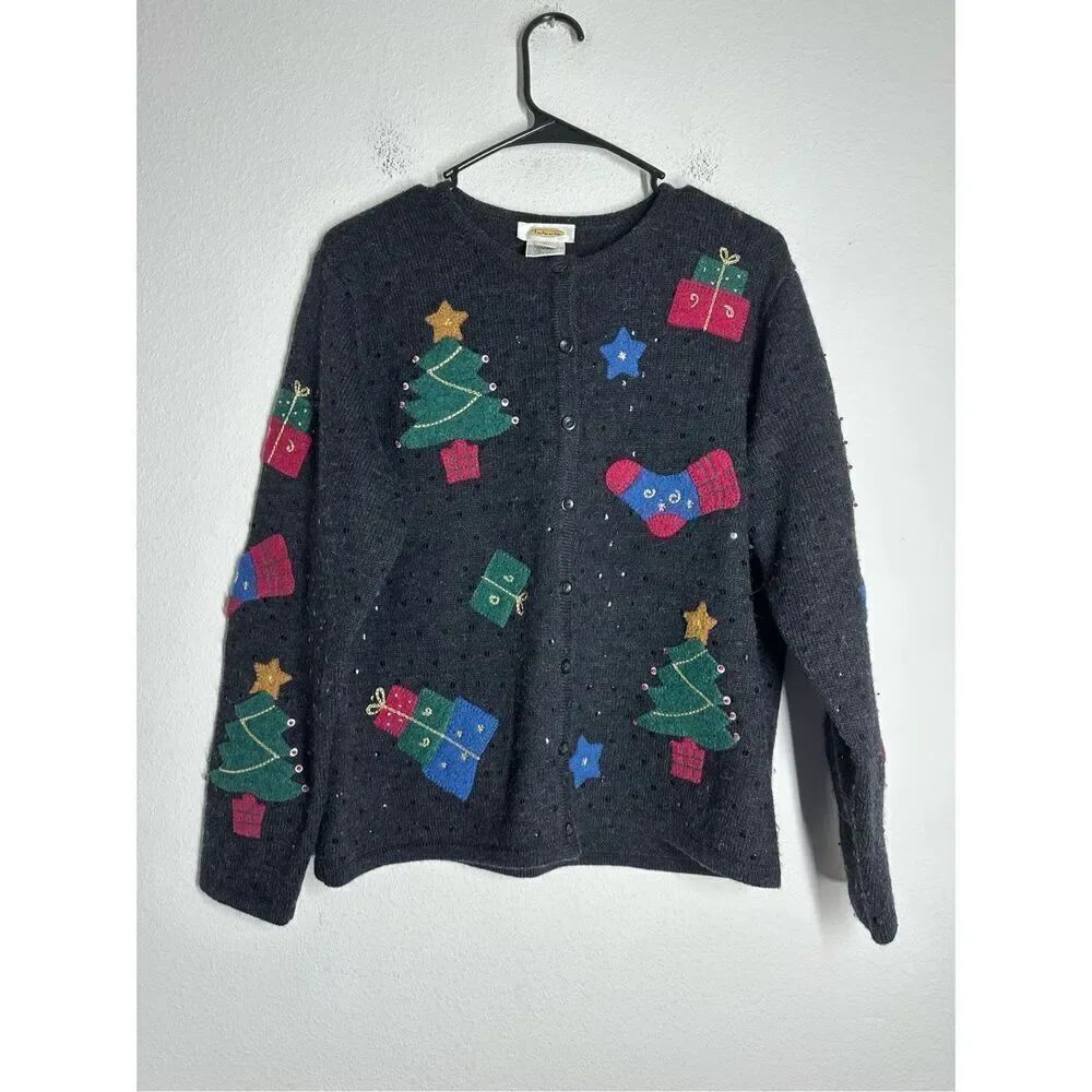 Women's Talbots Cardigan Sweater Wool Christmas Holiday Gray Red Green Medium M